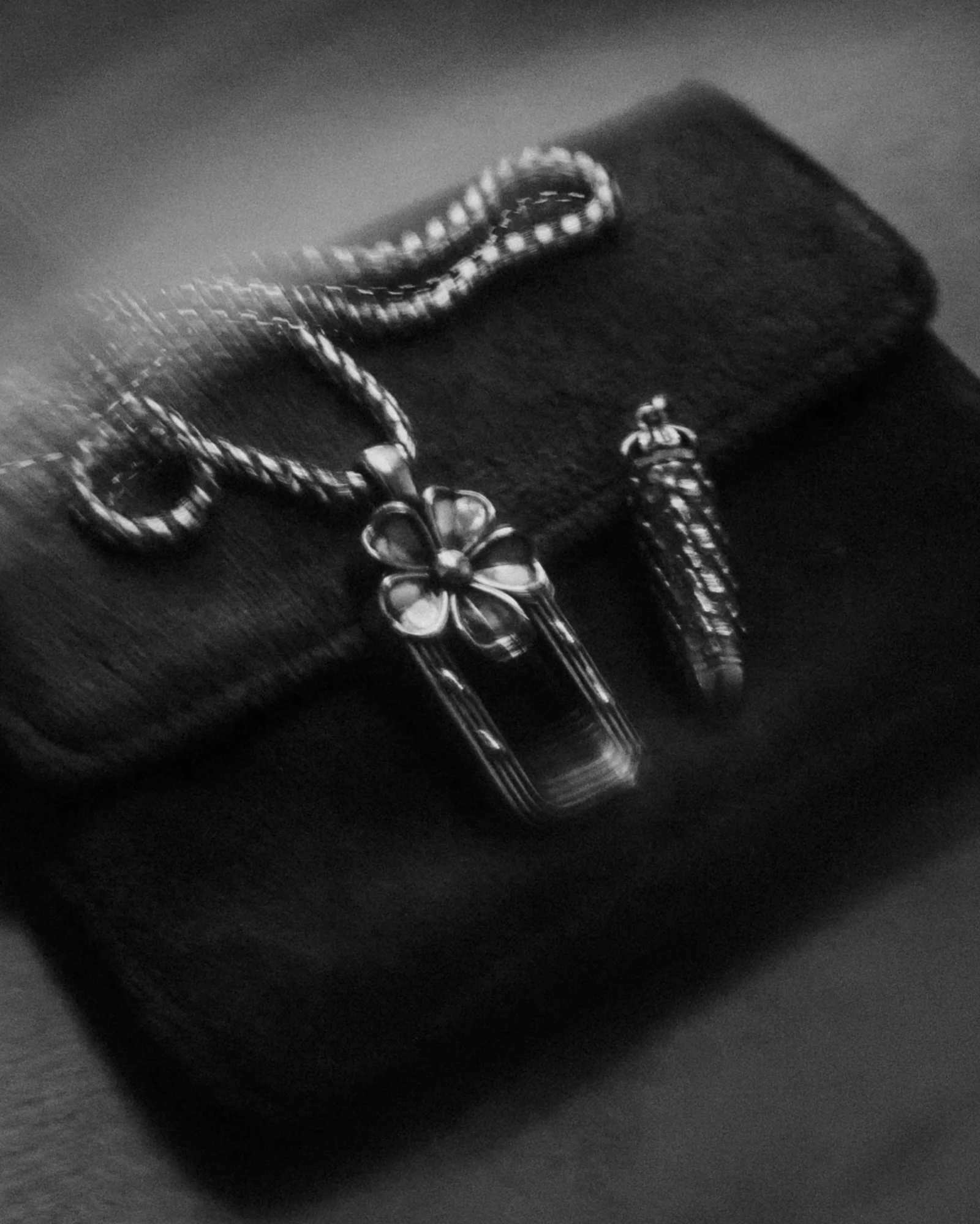 Black-and-white photograph of the Arch and Bullet necklaces resting on a fabric jewelry box.